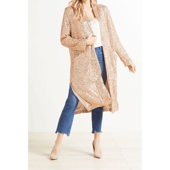 Anthropologie BB Dakota Sparkly Sequin Rose Gold Open Cardigan Duster XSP - Picture 8 of 11